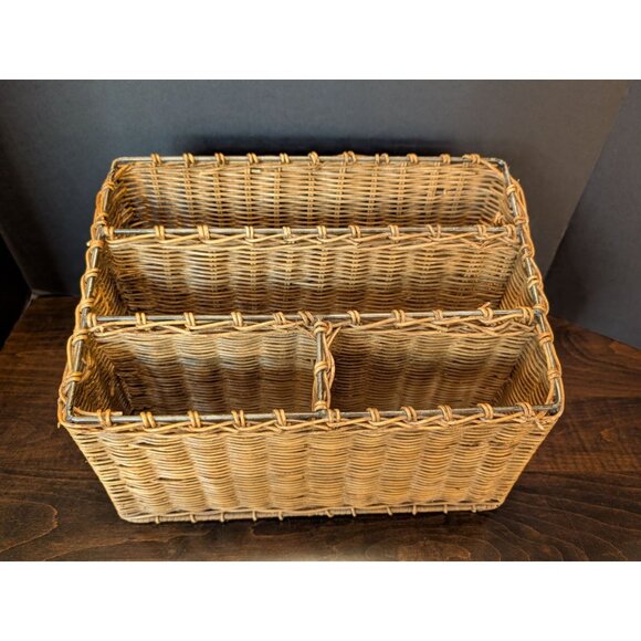 Woven Wicker Desk Organizer Basket 4 Compartments Natural Brown Metal Support - Picture 1 of 9